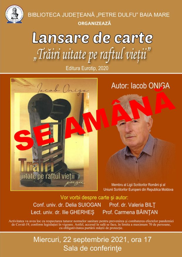 Lansare carte poezie Iacob Oniga – se amana