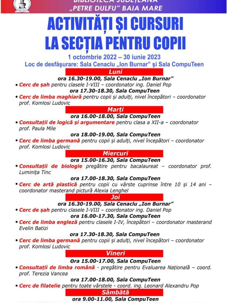 Afis Cursuri Sectia pentru copii 2022-2023-februarie 9