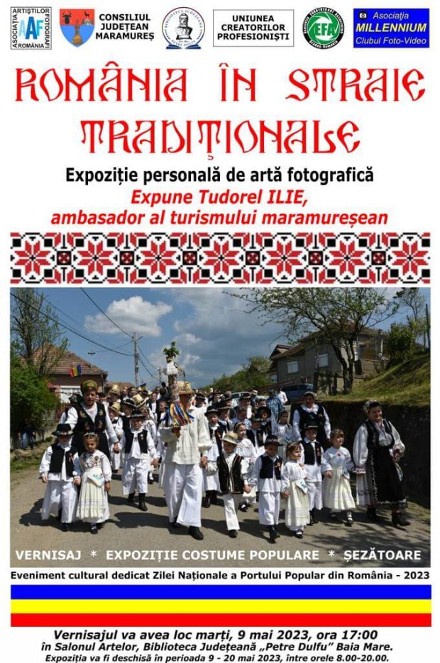 Afiș Expoziție – România în straie Tradiționale 2023 – expune Ilie Tudorel – BJPD-09-05-2023