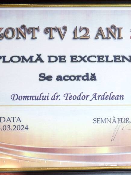 Diplomă de excelenţă – Teodor Ardelean – Gala Premiilor „Orizont TV 12 Ani” – 25-03-2024
